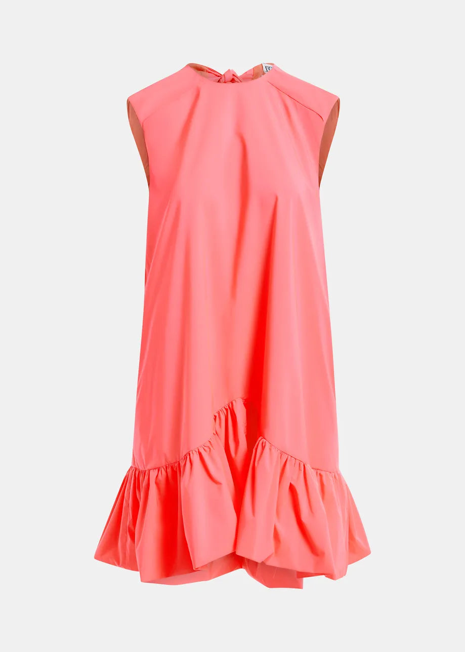 Off-white, red and pink ruffled mini dress with open-back and bow detail