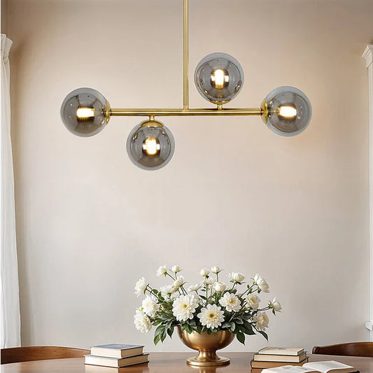 Gold pendant light Asun with smoked glass, 4-bulb